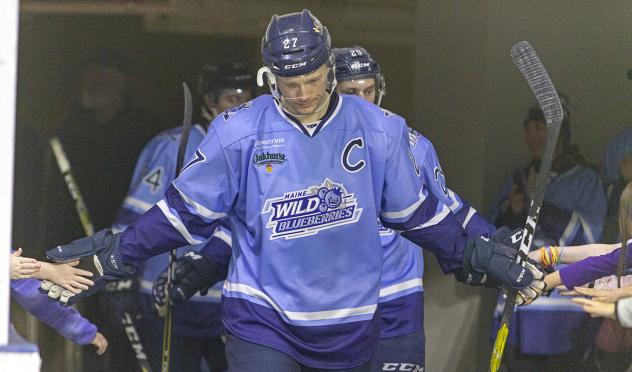 Maine Mariners forward Ryan Gropp in his Wild Blueberries uniform