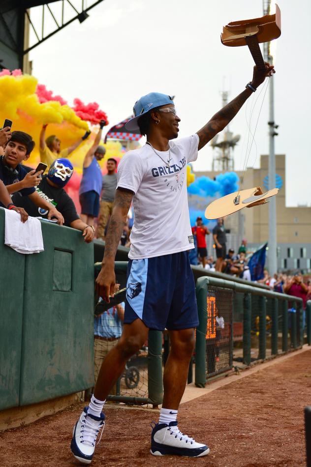 Memphis Grizzlies draftee Ja Morant with the guitar smash at the Memphis 901 FC match