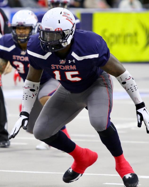 Sioux Falls Storm defensive lineman Claude Davis lines up against the Tucson Sugar Skulls