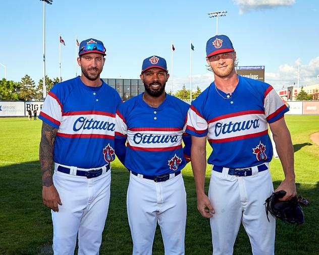 Pitchers Phillippe Aumont and Evan Rutcykj and outfielder Steve Brown of the Ottawa Champions