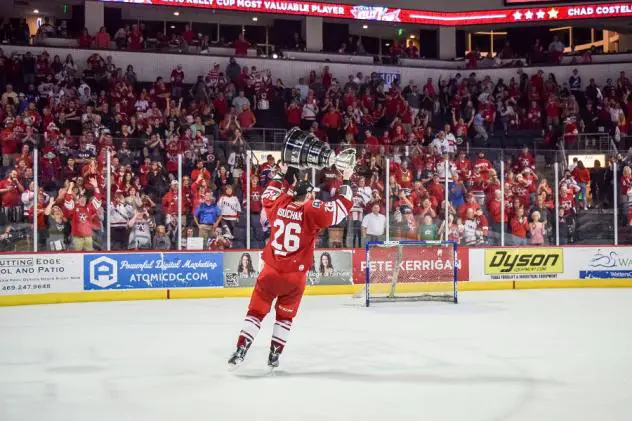 Allen Americans forward Spencer Asuchak raises the Kelly Cup