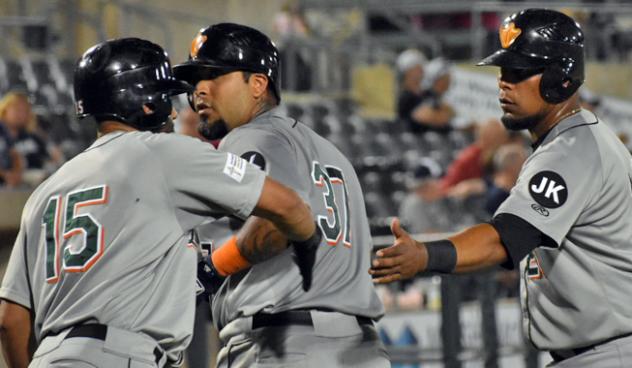 Hector Sanchez receives congratulations from his Long Island Ducks teammates after his home run