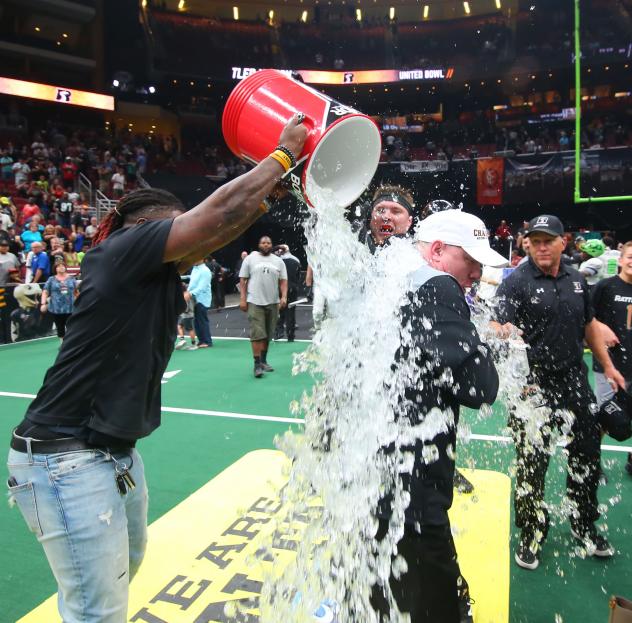 Arizona Rattlers head coach Kevin Guy gets a Gatorade shower after beating the Nebraska Danger