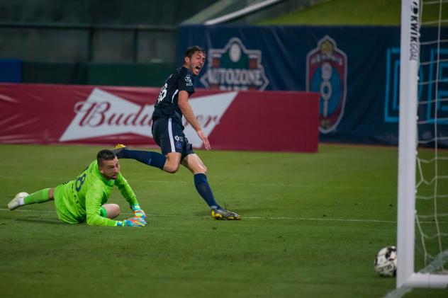 Memphis 901 FC forward Elliot Collier scores against Hartford Athletic