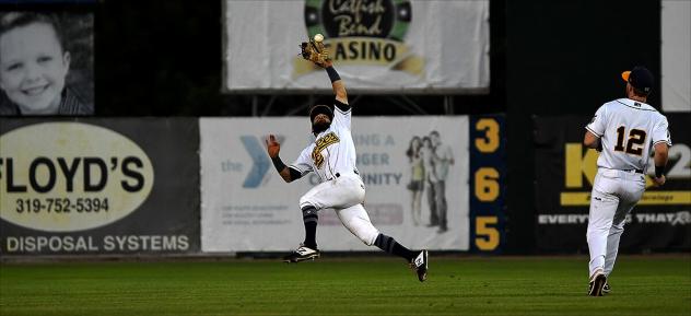 Alvaro Rubalcaba of the Burlington Bees makes a leaping catch