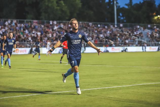 Sacramento Republic FC midfielder Hayden Partain celebrates vs. Portland Timbers 2