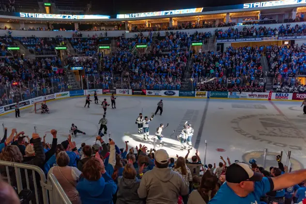 Sioux Falls Stampede celebrate a goal in front of a packed house