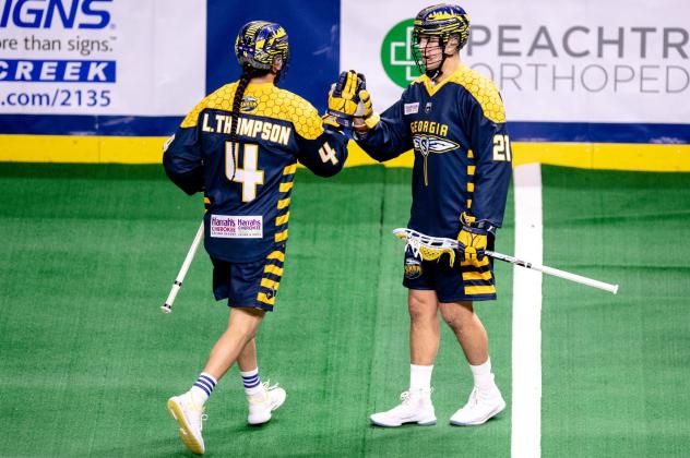 Lyle Thompson and Brendan Bomberry of the Georgia Swarm