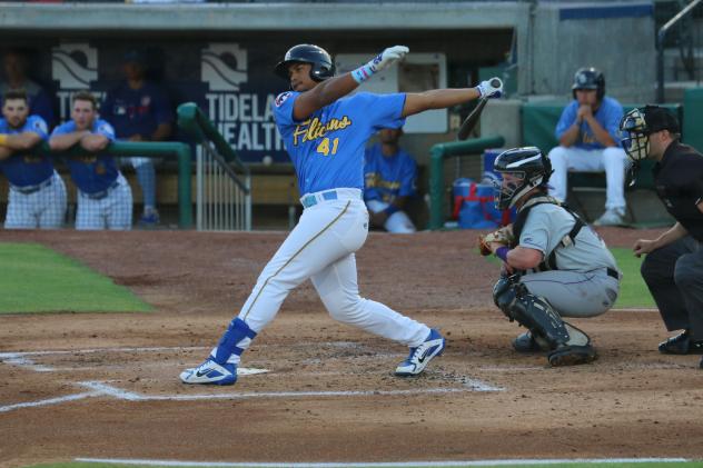 Wladimir Galindo swings away for the Myrtle Beach Pelicans