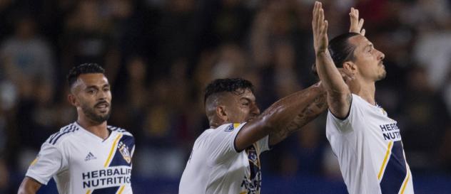 LA Galaxy Forward Zlatan Ibrahimovic celebrates a goal against LAFC