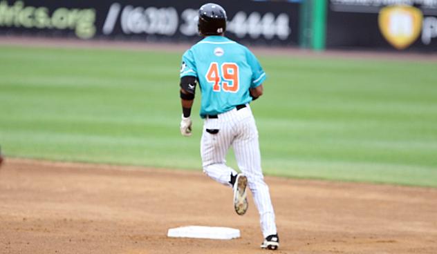 D'Arby Myers of the Long Island Ducks circles the bases