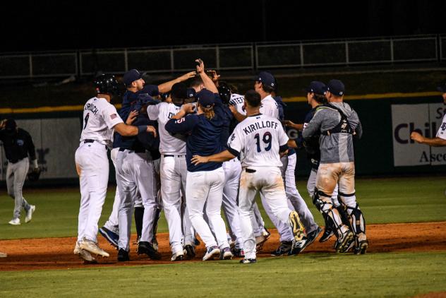 Pensacola Blue Wahoos celebrate Ryan Jeffers' walk-off home run