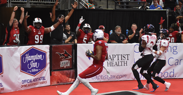 Jacksonville Sharks score a touchdown against the Orlando Predators