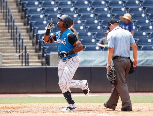 Steven Sensley celebrates one of his two homers for the Tampa Tarpons