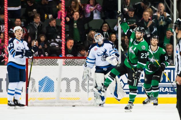 Texas Stars forward Travis Morin reacts after a goal against the Manitoba Moose