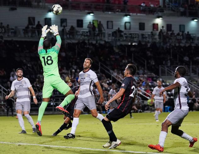 Sacramento Republic FC goalkeeper Rafael Diaz leaps for a ball vs. San Antonio FC