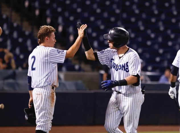 Diego Castillo (left) gives Donny Sands a high five following Sands' home run for the Tampa Tarpons