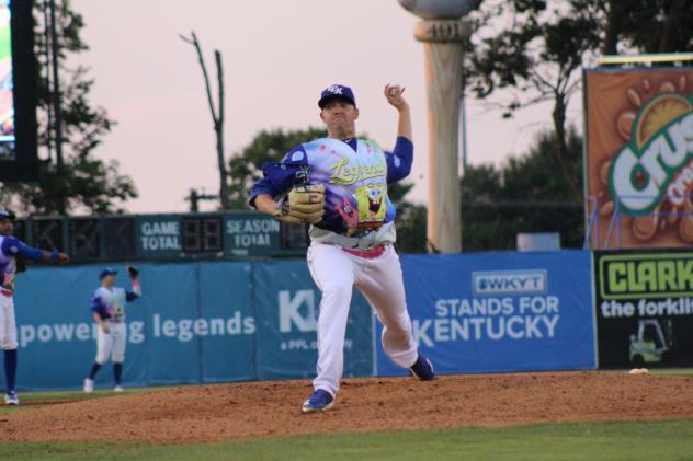 Lexington Legends pitcher Bryce Hensley in his SpongeBob SquarePants jersey