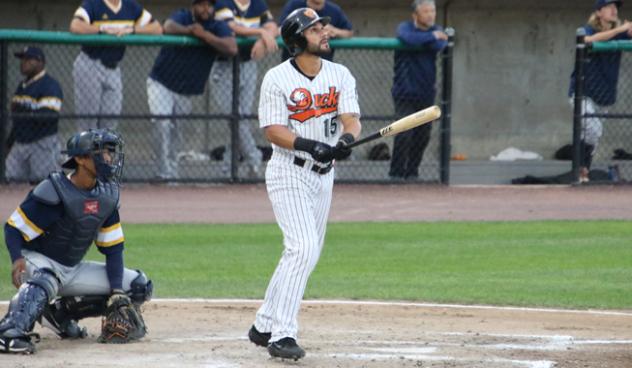 Rey Fuentes of the Long Island Ducks watches his grand slam