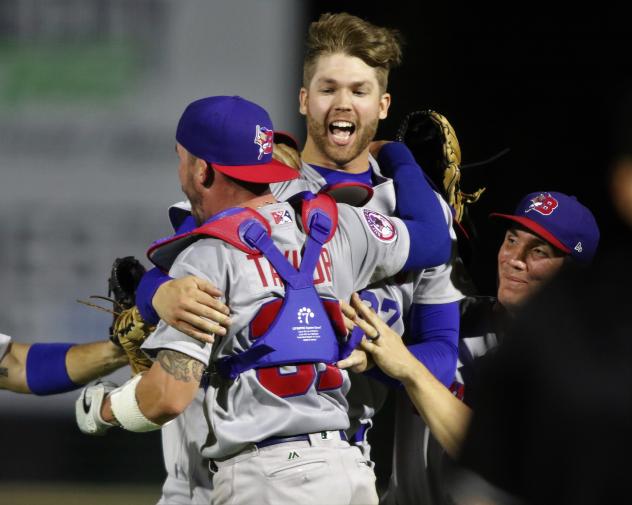 Buffalo Bisons pitcher T.J. Zeuch celebrates his no-hitter