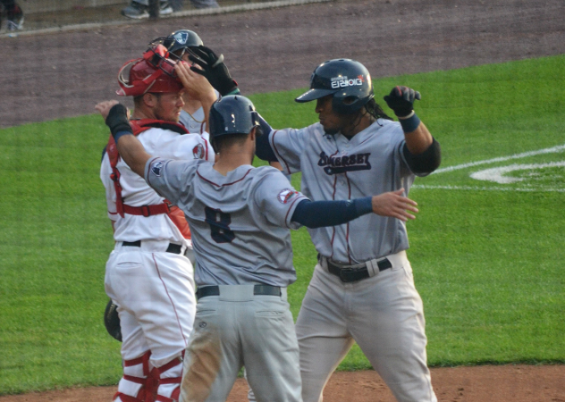 Jimmy Paredes of the Somerset Patriots celebrates at the plate