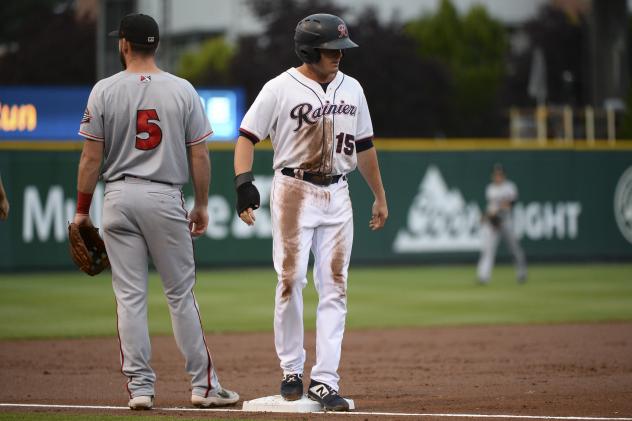 Jaycob Brugman of the Tacoma Rainiers on base