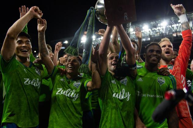 Seattle Sounders FC celebrates its Cascadia Cup win