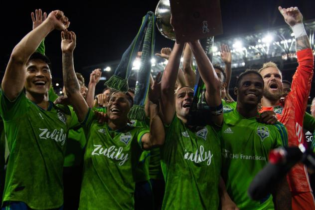 Seattle Sounders FC celebrates its Cascadia Cup win