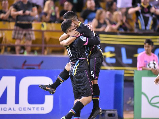 Irvin Raul Parra and Jose Villarreal celebrate for Las Vegas Lights FC