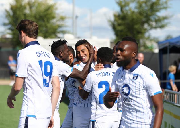 FC Edmonton celebrates a goal vs. York 9 FC