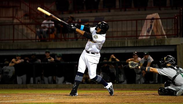 Kevin Maitan swings for the fences for the Burlington Bees
