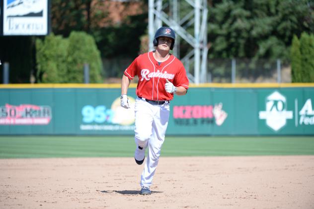 Jaycob Brugman of the Tacoma Rainiers on the basepaths