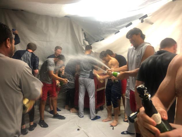 Pensacola Blue Wahoos celebrate a playoff berth