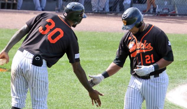 David Washington (30) and Deibinson Romero of the Long Island Ducks