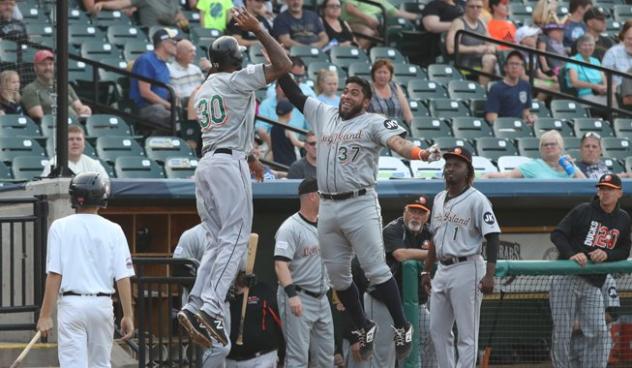David Washington (left) high fives Hector Sanchez of the Long Island Ducks