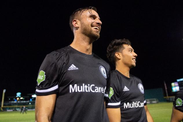 Tacoma Defiance forward Justin Dhillon and midfielder Shandon Hopeau