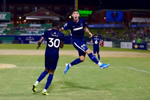 Pierre Da Silva of Memphis 901 FC celebrates his equalizer