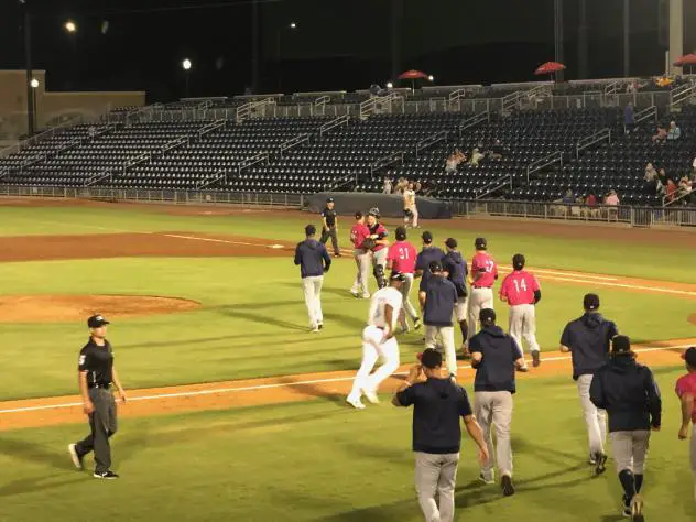 Pensacola Blue Wahoos rush the field after winning Game Four