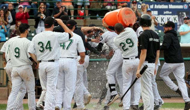 Long Island Ducks dump Gatorade on L.J. Mazzilli following his walk-off grand slam