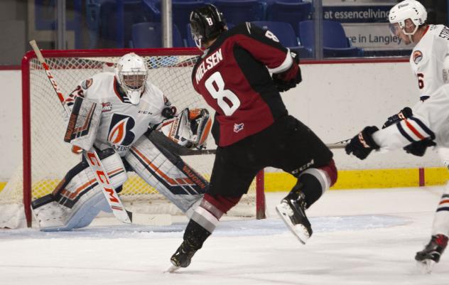 Vancouver Giants centre Tristen Nielsen shoots against the Kamloops Blazers