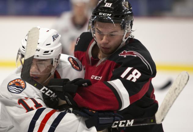 Vancouver Giants centre Cole Shepard (right) vs. the Kamloops Blazers