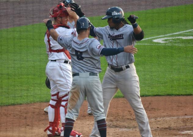 Jimmy Paredes with the Somerset Patriots celebrates his homer