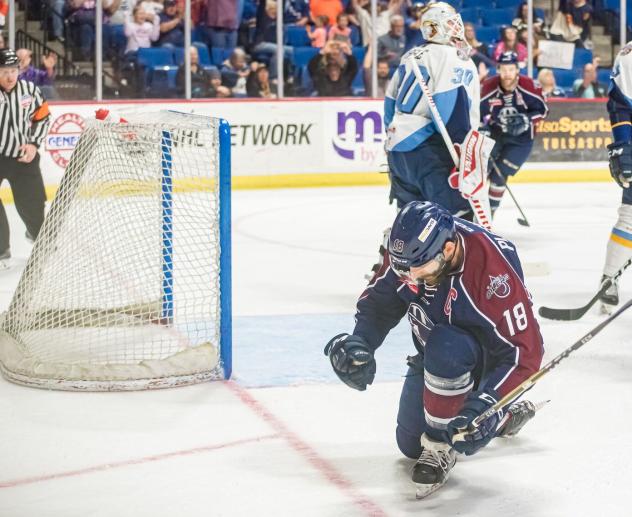 Tulsa Oilers forward Adam Pleskach celebrates a goal