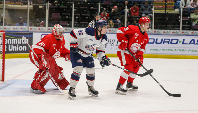 Saginaw Spirit left wing Damien Giroux vs. the Sault Ste. Marie Greyhounds