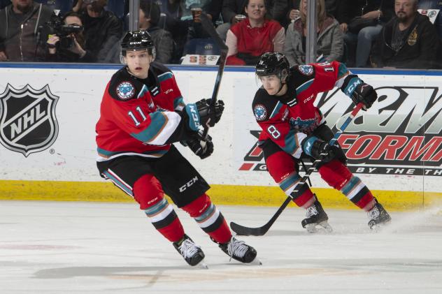 Kelowna Rockets right wing Pavel Novak (left) and centre Kyle Crosbie
