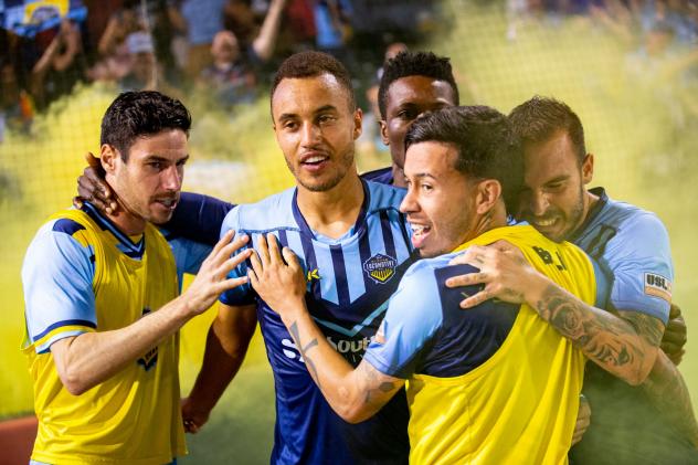 El Paso Locomotive FC celebrate a goal against Fresno FC