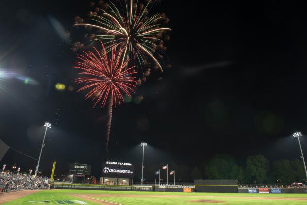 Fireworks over Segra Stadium, home of the Fayetteville Woodpeckers