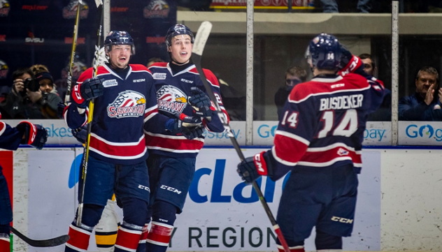 Saginaw Spirit celebrate after a goal
