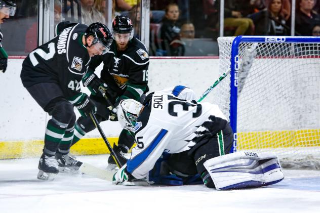 Mike Economos of the Utah Grizzlies vs. the Idaho Steelheads