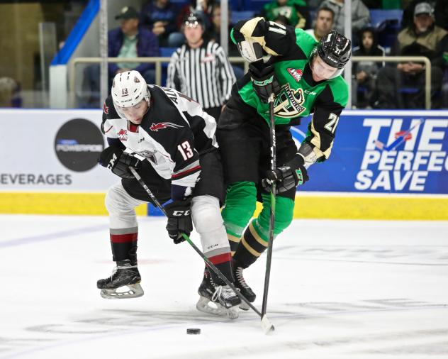 Vancouver Giants left wing Sergei Alkhimov (left) vs. the Prince Albert Raiders